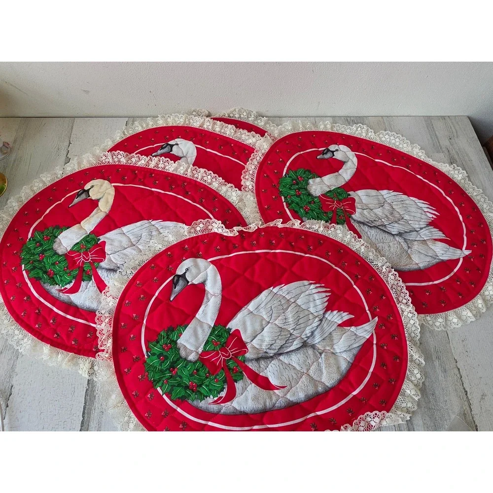 Goose quilted placemat table Xmas lace bird geese‎ vintage set